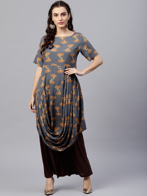

Nayo Women Grey & Beige Printed A-Line Kurta
