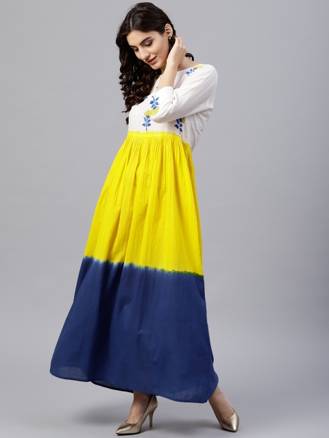 

Nayo Women White & Yellow Colourblocked Maxi Dress