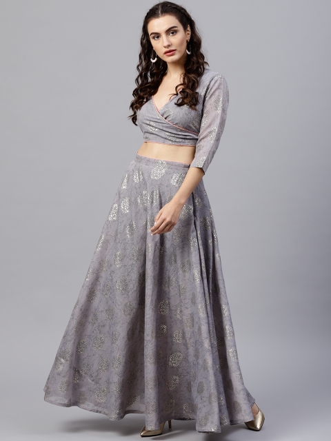 

Nayo Women Grey & Silver Printed Top with Skirt