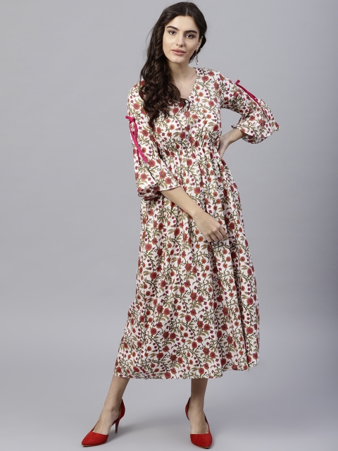 

Nayo Women White & Pink Printed Empire Dress