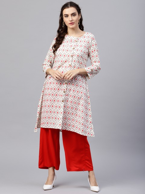 

Nayo Women Off-White & Grey Printed A-Line Kurta