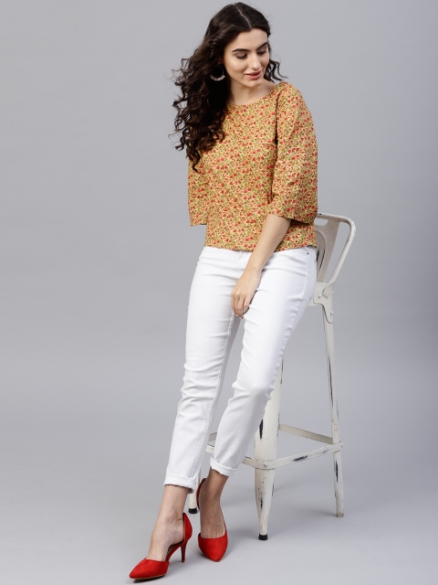 

Nayo Women Mustard Brown & Red Printed Top