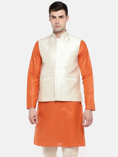 

Ethnicity Men Off White Woven Designed Nehru Jacket