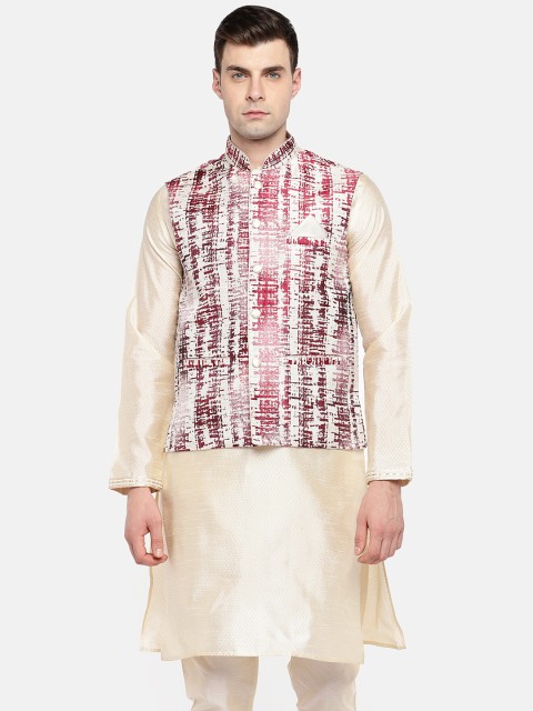 

Ethnicity Men Red Woven Nehru Jacket