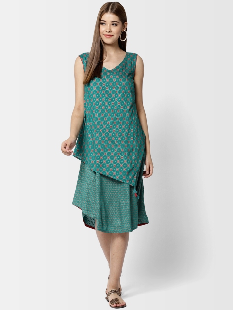 

Fabindia Women Teal Green & Red Printed Layered A-Line Dress