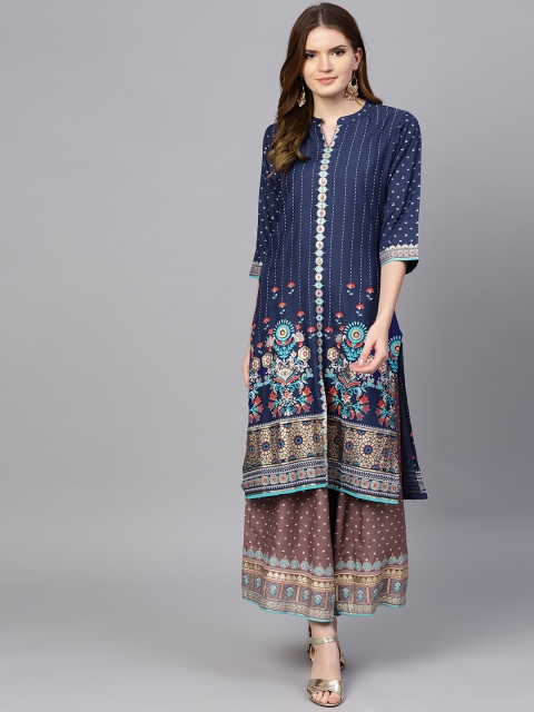 

Shree Women Navy Blue & Mauve Printed Kurta with Palazzos