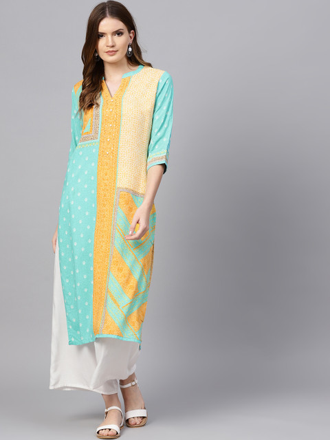 

Shree Women Yellow & Turquoise Blue Printed Straight Kurta