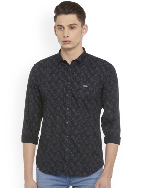 

V Dot Men Black Slim Fit Printed Casual Shirt