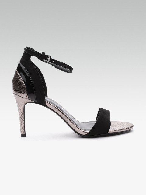 

DOROTHY PERKINS Women Black & Gunmetal-Toned Solid Heels with Snakeskin-Textured Details