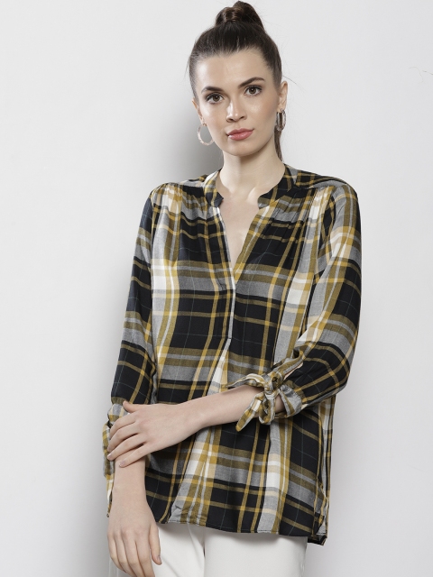 

DOROTHY PERKINS Women Black & Mustard Yellow Checked Shirt Style Top