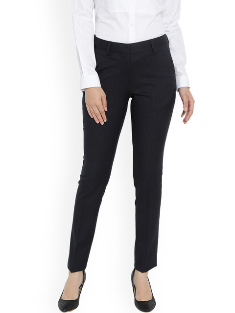 

Van Heusen Women Navy Blue Slim Fit Striped Formal Trousers