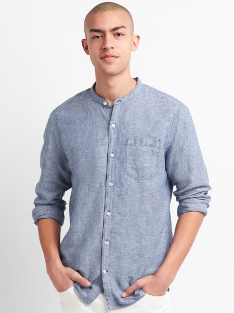 

GAP Men Blue Standard Fit Band Collar Shirt In Linen Cotton