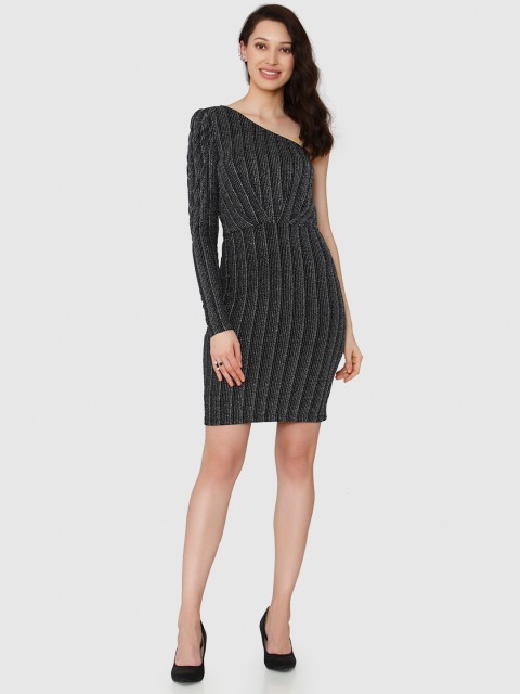 

Vero Moda Women Black Striped One-Shoulder Dress