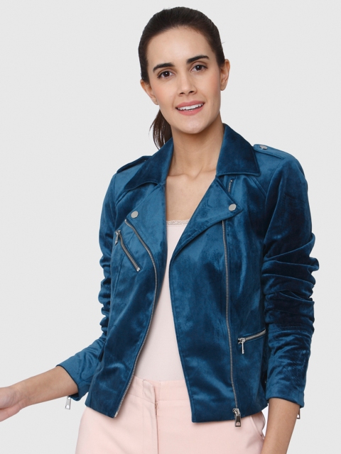 

Vero Moda Women Teal Blue Solid Velvet Tailored Jacket