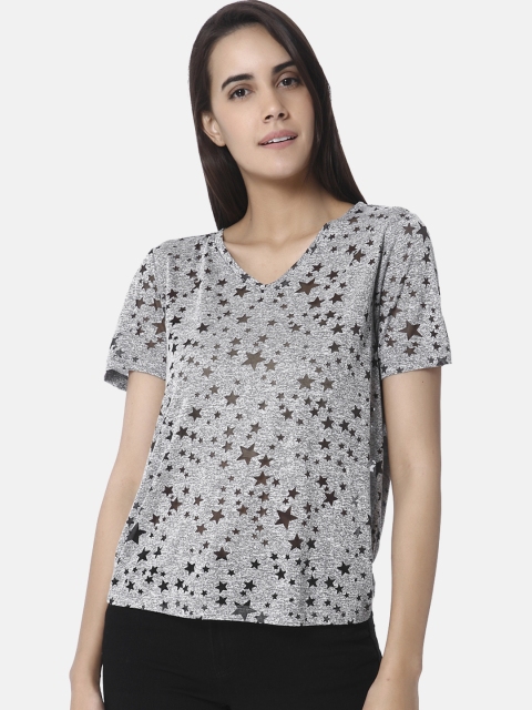 

Vero Moda Women Grey Self Design Burnout Effect V-Neck T-shirt