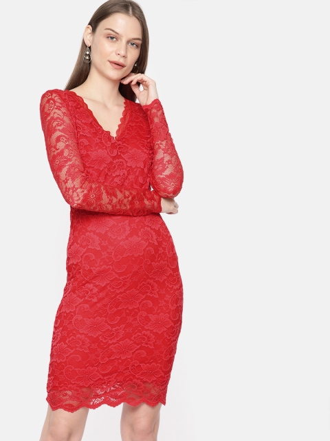 

Vero Moda Women Red Solid Lace Sheath Dress