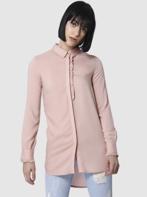 

Vero Moda Women Pink Self-Design Casual Longline High-Low Hem Shirt