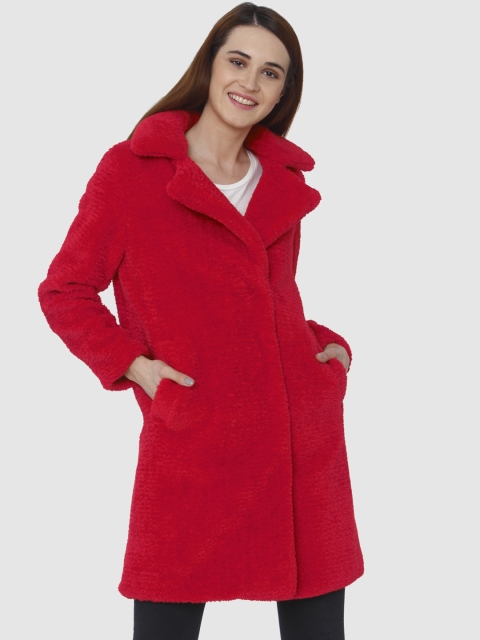 

Vero Moda Women Red Solid Faux Fur Double-Breasted Longline Overcoat