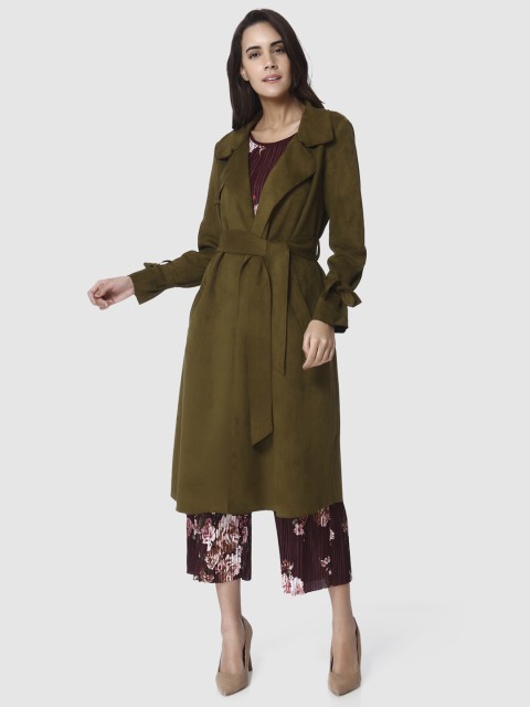 

Vero Moda Women Olive Green Solid Suede Longline Trench Coat