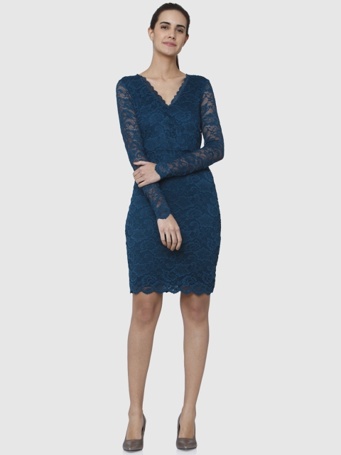 

Vero Moda Women Teal Blue Self Design Lace Sheath Dress