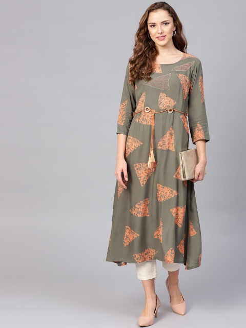 

Yufta Women Olive Green & Orange Printed A-Line Kurta