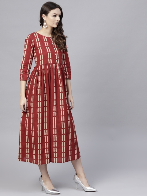

aasi Women Rust Red & Beige Printed Empire Dress