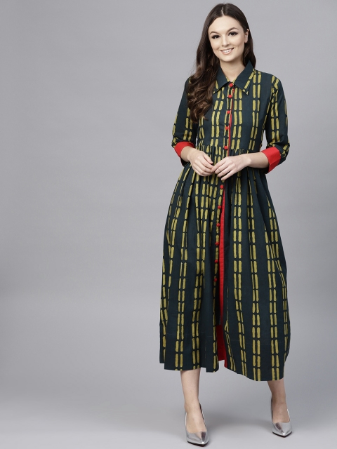 

aasi Women Green & Yellow Printed Empire Dress