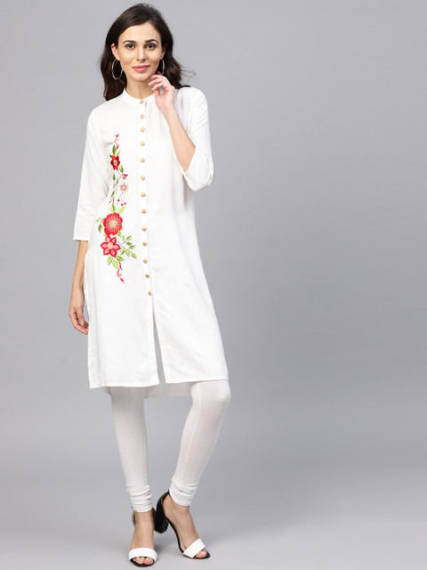 

aasi Women White Embroidered Straight Kurta