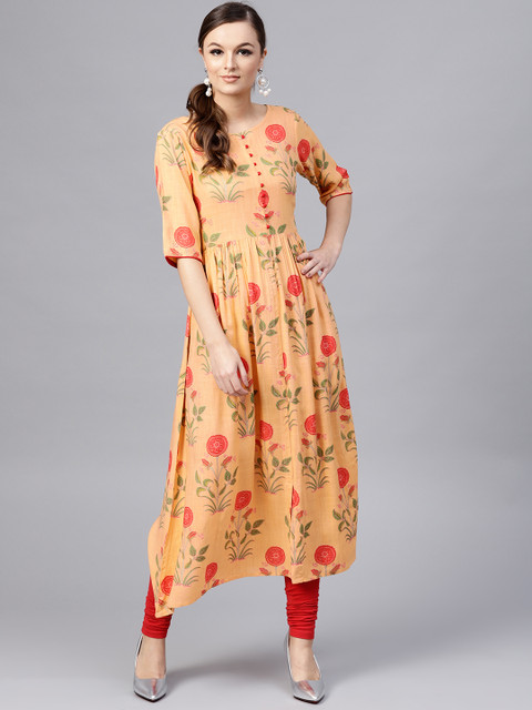 

aasi Women Peach-Coloured Floral Print A-Line Kurta