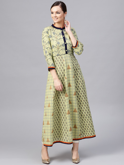 

aasi Women Green Printed A-Line Kurta