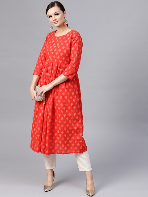 

aasi Women Red & Beige Printed A-Line Kurta