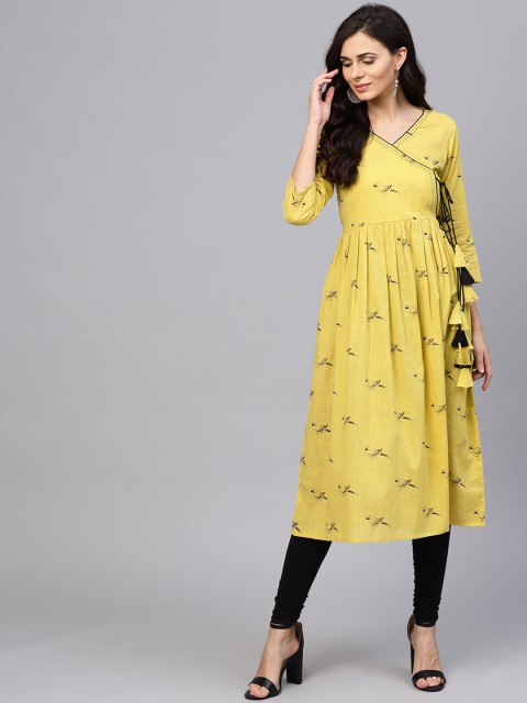 

aasi Women Mustard Yellow Printed A-Line Kurta