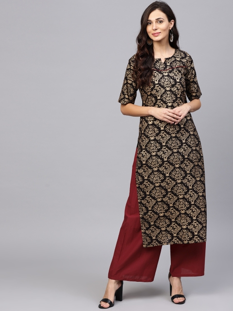 

aasi Women Black & Maroon Printed Kurta with Palazzos