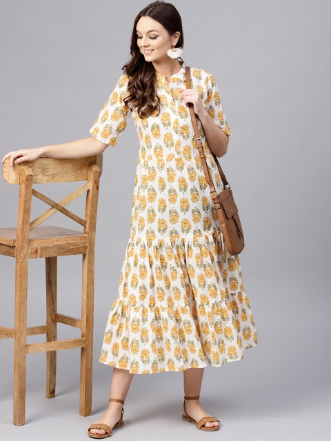 

aasi Women White & Yellow Printed A-Line Dress