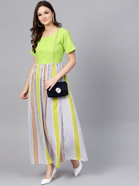 

aasi Women Green & Off-White Striped Maxi Dress