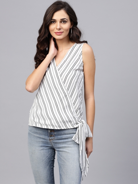 

aasi Women White & Black Striped Wrap Top
