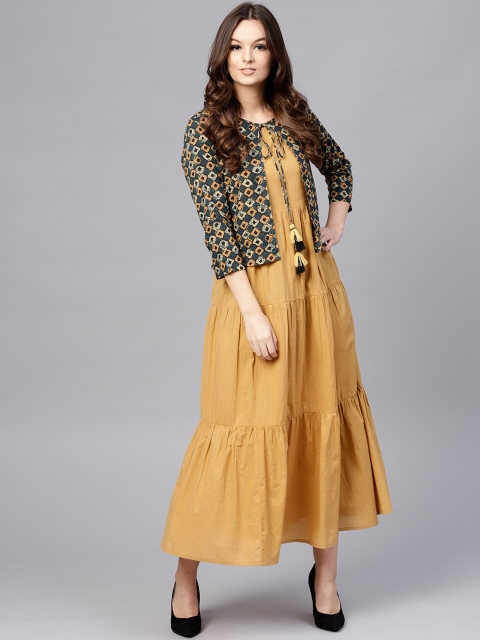 

aasi Women Mustard Yellow Solid Maxi Dress With Ethnic Jacket