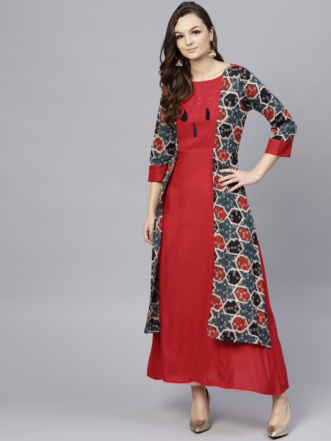 

aasi Women Red & Green Solid A-Line Kurta