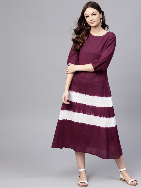 

aasi Women Burgundy Tie & Dye Handloom A-Line Dress
