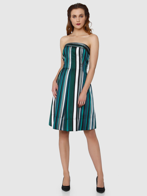 

Vero Moda Women Blue & Black Striped Tube A-Line Dress