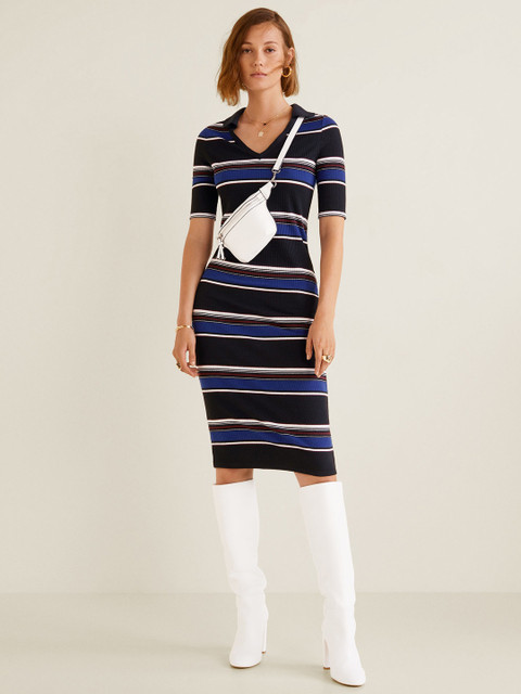 

MANGO Women Navy Blue & White Striped Bodycon Dress
