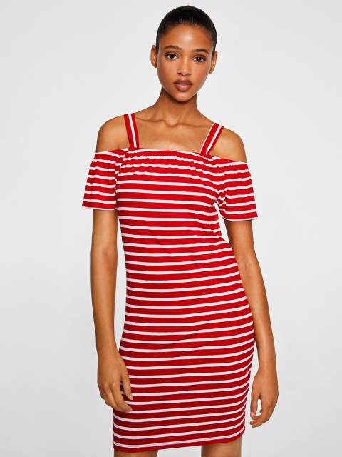 

MANGO Women Red & White Striped Sheath Bardot Dress