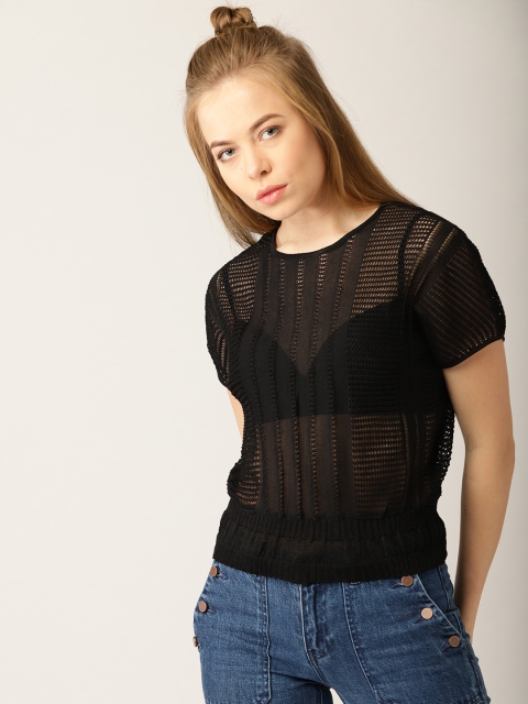 

MANGO Women Black Self Design Sheer Blouson Top