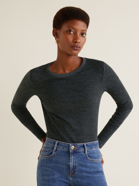 

MANGO Women Charcoal Grey Solid Round Neck T-shirt
