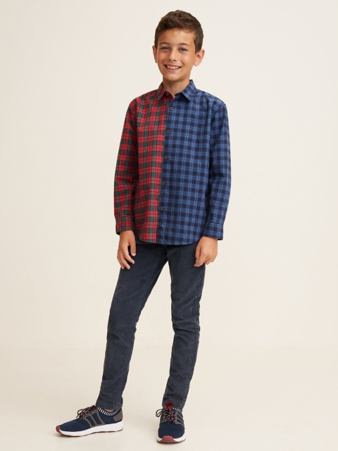 

Mango Kids Boys Navy Blue & Red Regular Fit Checked Half & Half Casual Shirt