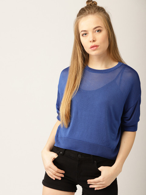 

MANGO Women Blue Solid Sheer Top