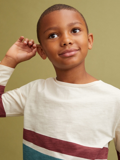 

Mango Kids Boys Off-White & Teal Green Striped Round Neck T-shirt