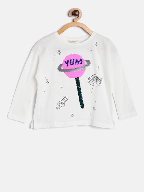 

Mango Kids Girls White & Pink Reverse Sequinned Round Neck T-shirt with Printed Detail