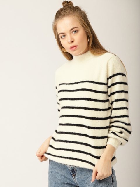 

MANGO Women Off-White & Black Striped Fuzzy Pullover
