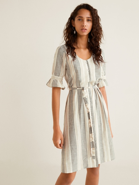 

MANGO Women Beige & Black Striped Shirt Dress